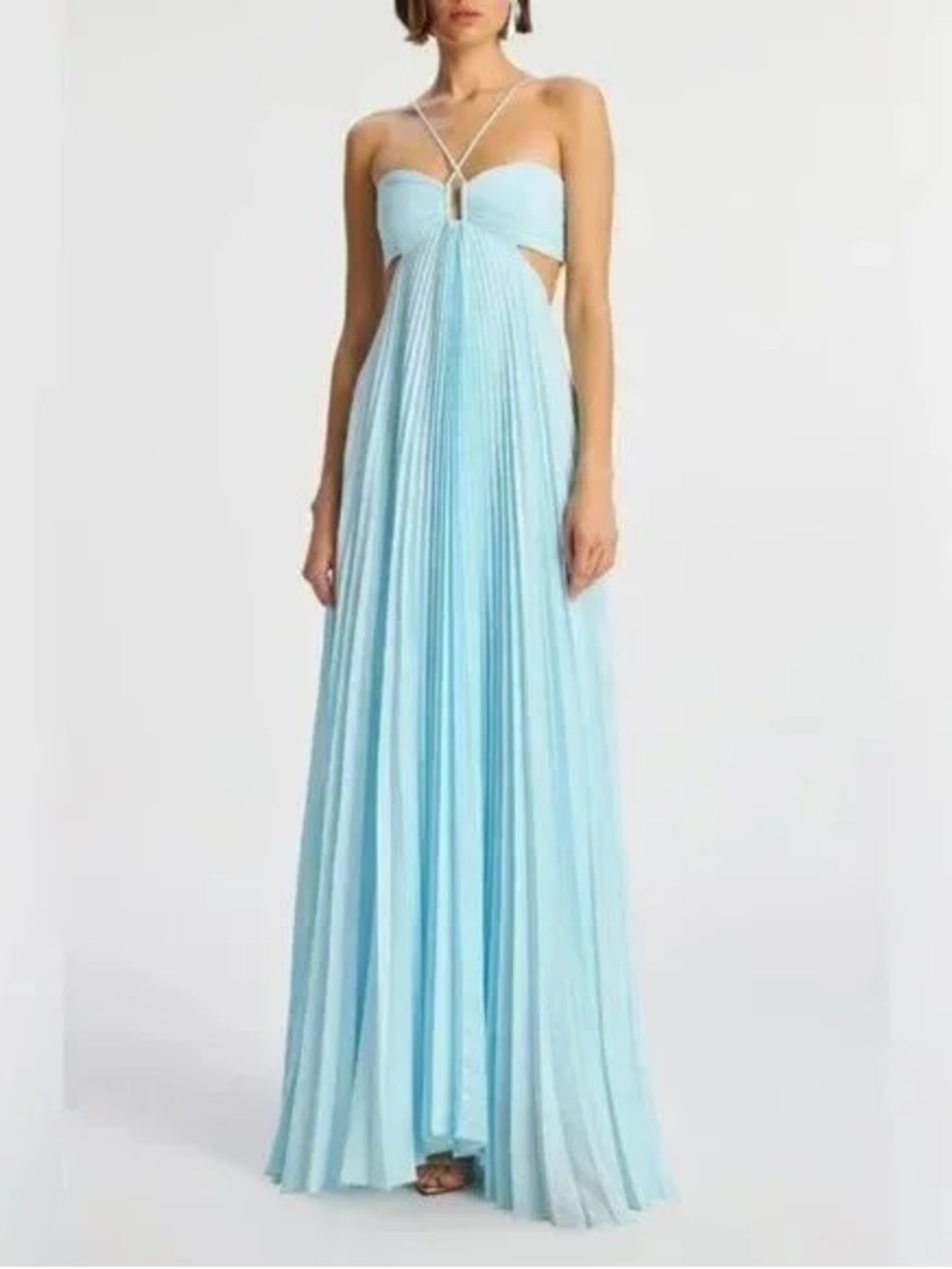 A.L.C. Sky-Blue Pleated Cutout Halter Maxi Dress